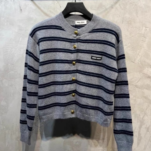 Miu Miu Gray and Navy Striped Cardigan - Picture 1 of 8